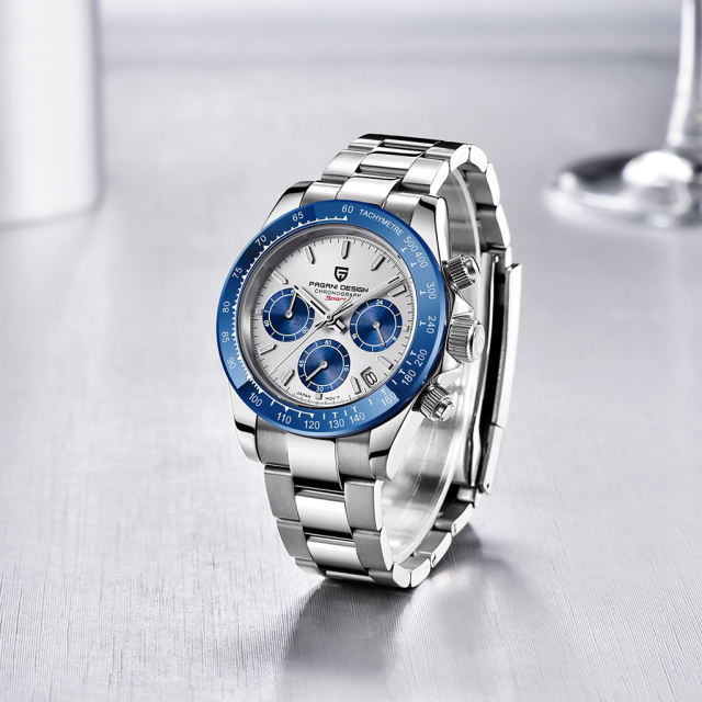 PAGANI DESIGN Blue Men's Quartz Watches Daytona Homage Wrist Watch with Seiko VK63 Movement Sapphire Ceramic Bezel Waterproof Stainless Steel Strap
