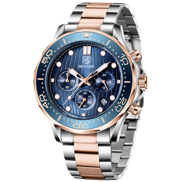 BENYAR New Men's Quartz Watches Waterproof Stainless Steel Chronograph Wrist Watch for Men Auto Date Rotated Aluminum Bezel Luminous Dial