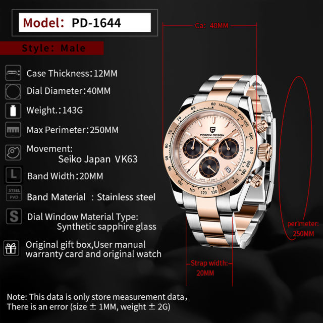 PAGANI DESIGN PD1644 Men's Quartz Watches Chronograph Sports Wrist Watch with Seiko VK63 Movement Sapphire Ceramic Bezel Waterproof Stainless Steel Strap