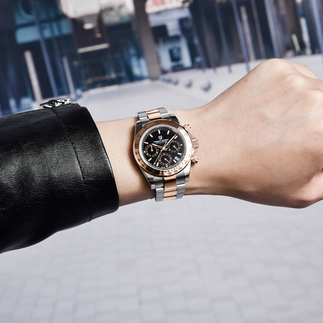 PAGANI DESIGN Rose Gold Men's Quartz Watches Chronograph Sports Wrist Watch with Seiko VK63 Movement Sapphire Glass Waterproof Stainless Steel Strap