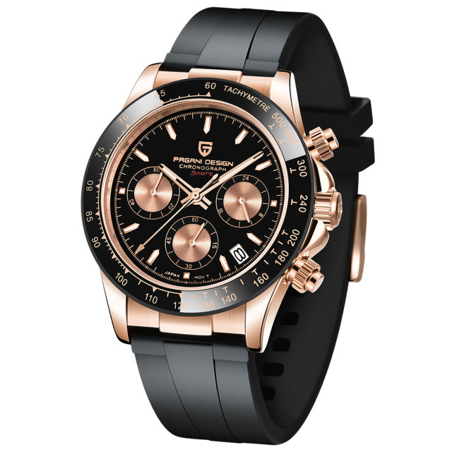 PAGANI DESIGN Men's Quartz Watches Chronograph Sports Men's Wrist Watch with Seiko VK63 Movement Silicone Watchband 1664