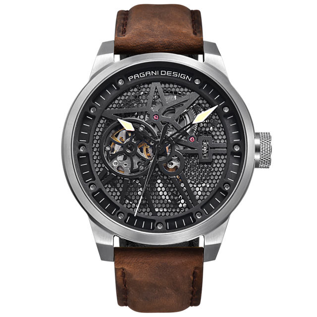 PAGANI DESIGN Skeleton Automatic Watches for Men Stainless Steel Waterproof Men's Wrist Watch Genuine Leather Watchband