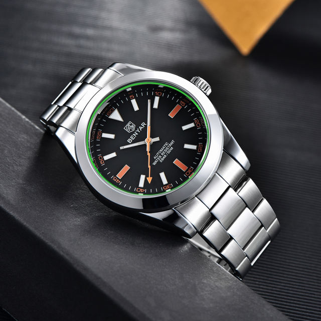 BENYAR Men's Automatic Watches 50M Waterproof Solid Stainless Steel Bracelet Wrist Watch for Men Flash Pointer Luminous Wristwatches