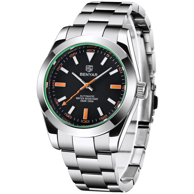 BENYAR Men's Automatic Watches 50M Waterproof Solid Stainless Steel Bracelet Wrist Watch for Men Flash Pointer Luminous Wristwatches