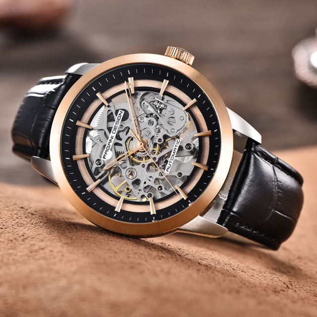 PAGANI DESIGN Men's Skeleton Automatic Watches Genuine Leather Strap Waterproof Wrist Watch for Man Steampunk Luxury Clock with Deployment Clasp