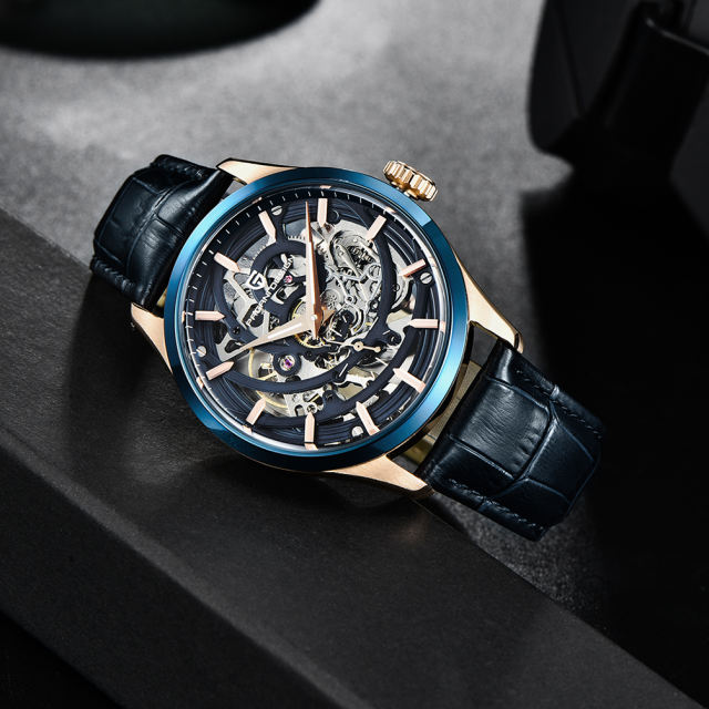 PAGANI DESIGN Skeleton Men's Automatic Watches Genuine Leather Strap 100M Waterproof Luxury Wrist Watch for Man Business Clock with Classic Buckle
