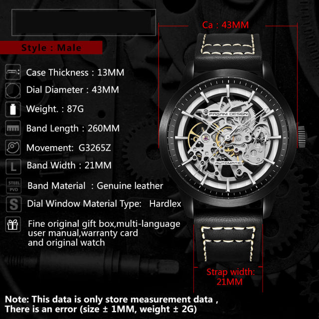 PAGANI DESIGN Men's Skeleton Automatic Watches Genuine Leather Strap Waterproof Wrist Watch for Man Steampunk Luxury Clock with Deployment Clasp