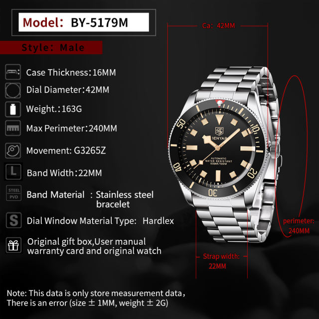 BENYAR Men's Automatic Watches Black Bay Homage Luxury Business Waterproof Wrist Watch for Men Alloy Case Stainless Steel Bracelet 5179