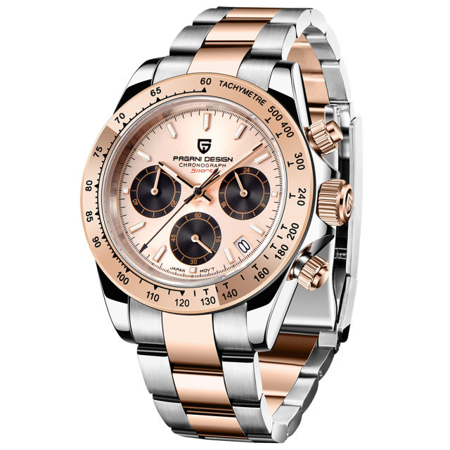 PAGANI DESIGN Rose Gold Men's Quartz Watches Daytona Homage Wrist Watch with Seiko VK63 Movement Sapphire Glass Waterproof Stainless Steel Strap