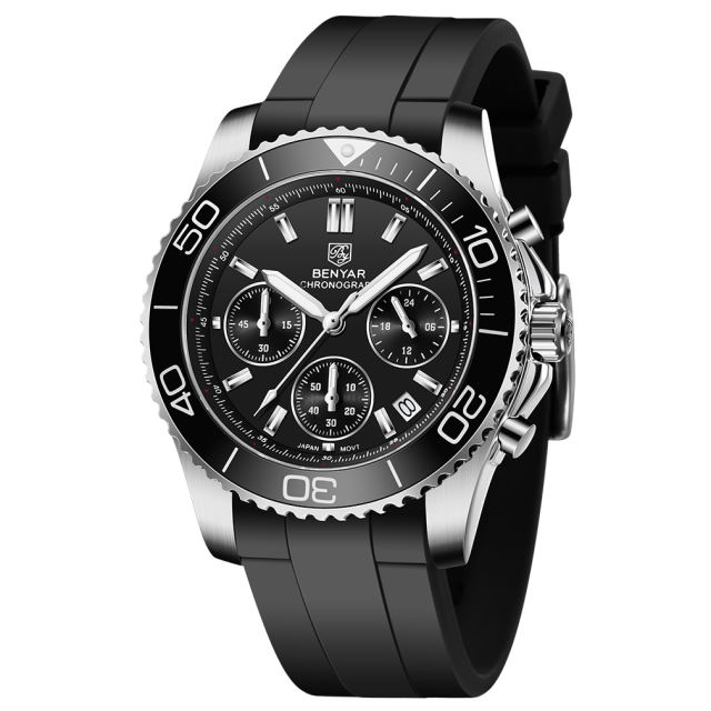 BENYAR Men's Watches New Release Chronograph Sports Business Stainless Steel Top Luxury Wrist Watch for Men Silicone Watchband