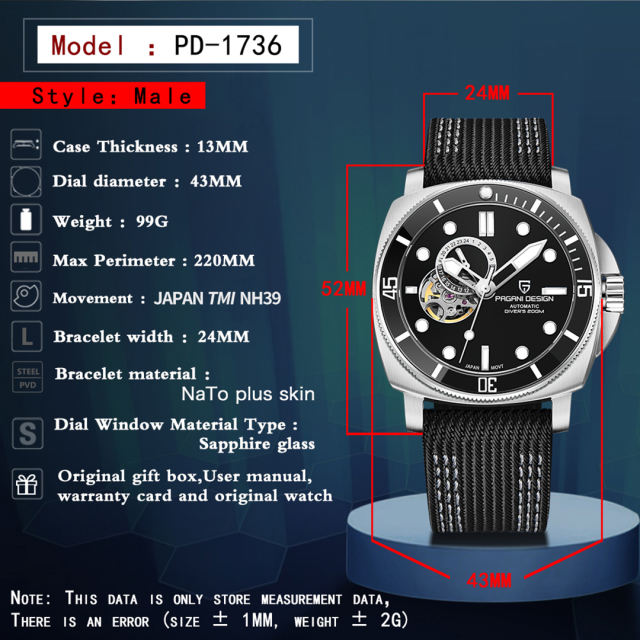 PAGANI DESIGN PD1736 Men's Automatic Watches Unique Square Stainless Steel Mechanical Wrist Watch for Men Nylon Watchband 100M Waterproof