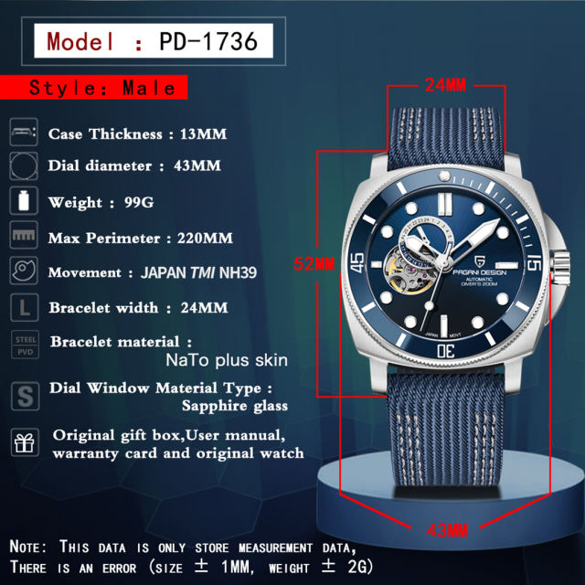 PAGANI DESIGN Men's Automatic Watches Unique Square Stainless Steel Mechanical Wrist Watch for Men Nylon Watchband 100M Waterproof