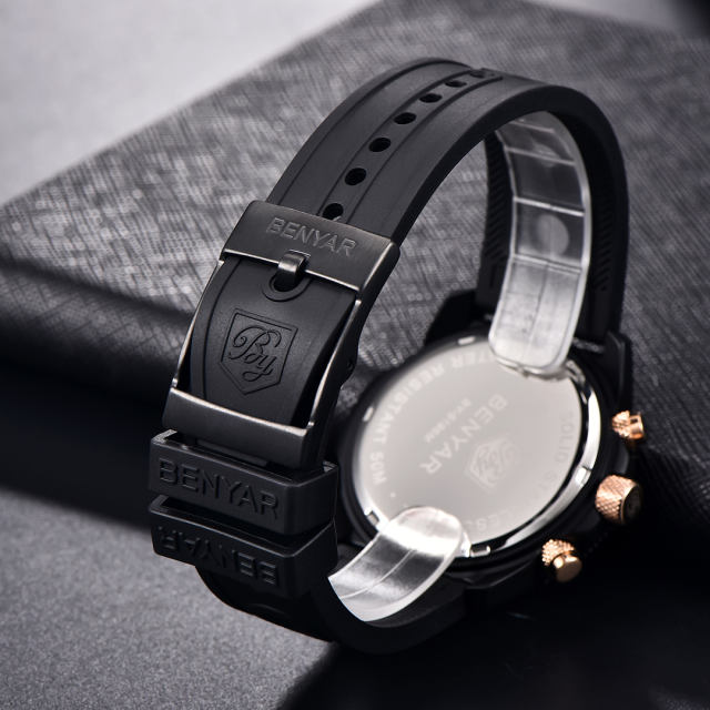 BENYAR Men's Quartz Watches BY5198 Sports Steel Luxury Chronograph Wrist Watch for Men Silicone Watchband