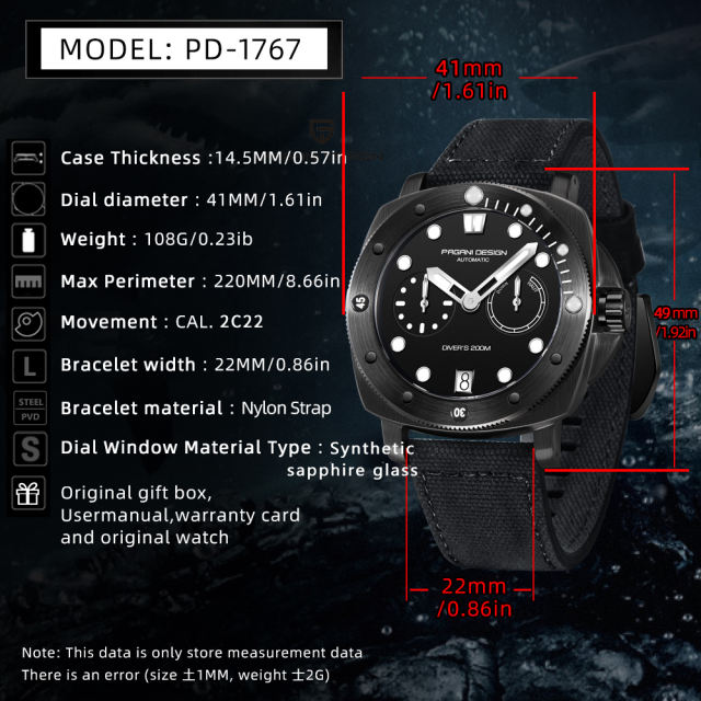 PAGANI DESIGN PD1767 Men's Automatic Watches 41mm Stainless Steel Unique Waterproof Mechanical Sports Wrist Watch for Men Sapphire Glass With AR Coating