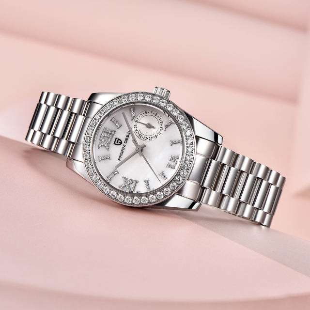 PAGANI DESIGN PD1776 Women's Watches 32mm Luxury Stainless Steel Waterproof Wrist Watch for Women Diamond Bezel Sapphire Dial Glass