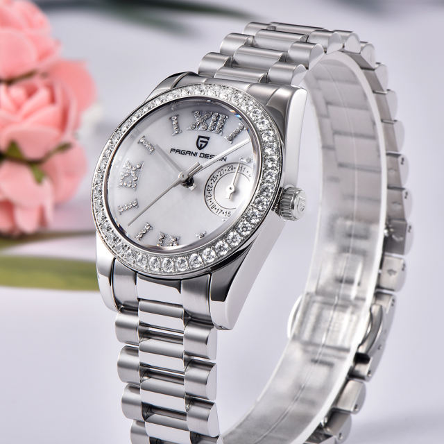 PAGANI DESIGN PD1776 Women's Watches 32mm Luxury Stainless Steel Waterproof Wrist Watch for Women Diamond Bezel Sapphire Dial Glass