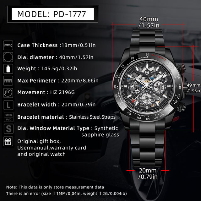 PAGANI DESIGN PD1777 Automatic Men's Watches 40mm full Stainless Steel Skeleton Mechanical Wrist Watch for Men