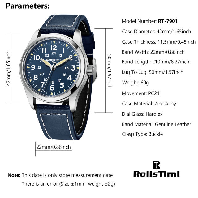 RollsTimi RT7902 Men's Quartz Watches 42mm Sports Pilot Business Wrist Watch for Men