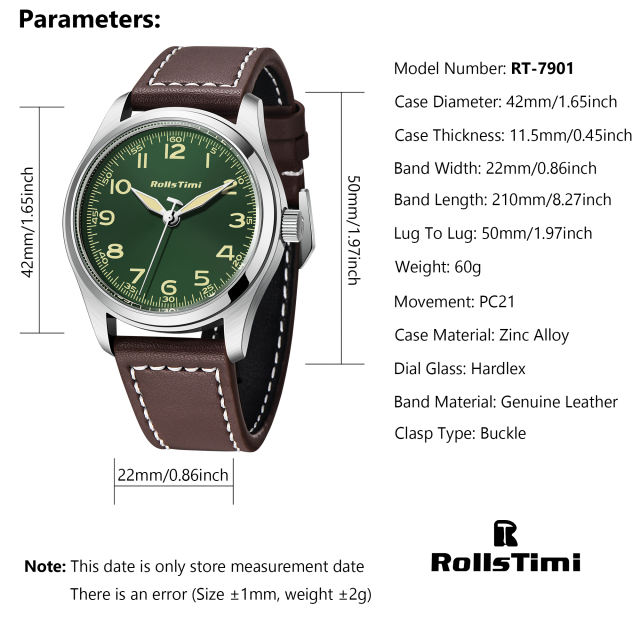 RollsTimi RT7901 Men's Quartz Watches Casual Pilot Sports Leather Wrist Watch for Men Business Wristwatch