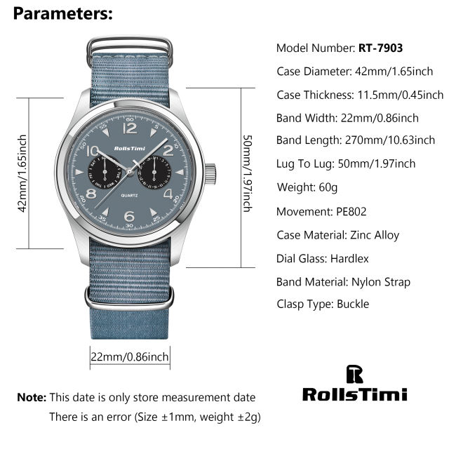RollsTimi RT7903 Classic Quartz Men's Watches Fashion Sports Wristwatch with Nylon Watchband