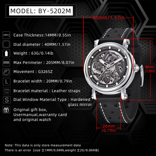 BENYAR BY5202 Men's Automatic Watches 40mm Skeleton Stainless Steel Fashion Wrist Watch for Men Leather Watchband