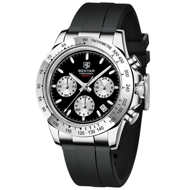 BENYAR BY-5192 Quartz Men's Watches Chronograph Alloy Silicone Business Wrist Watch for Men Waterproof Wristwatch Auto Date