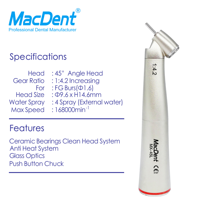 MacDent MX-45L 1:4.2 Dental Fiber Optic 45° Surgical Contra Angle Handpiece