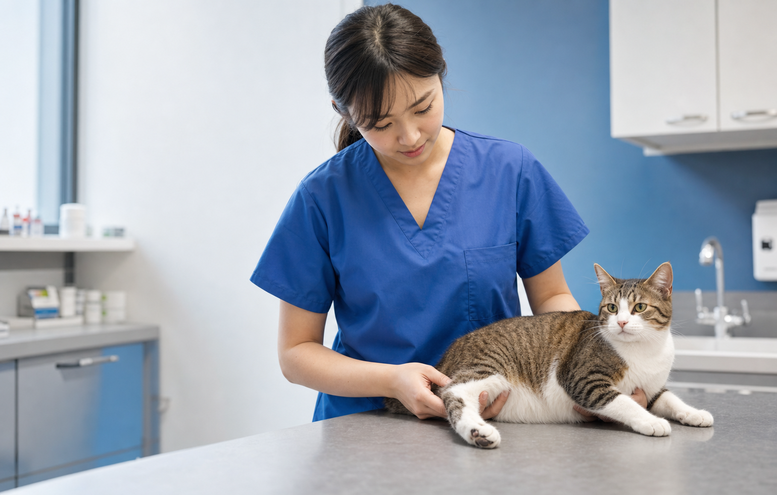 香港社企動物醫院獸醫為後腳無力貓咪進行後腿評估