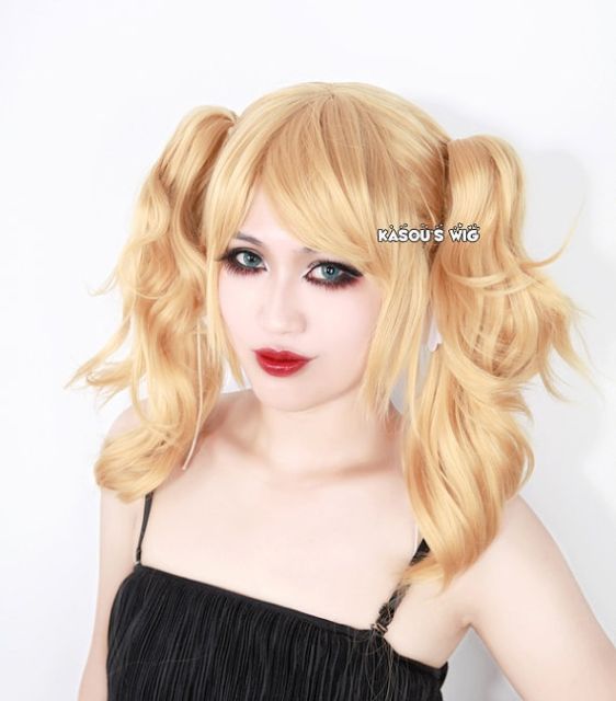 Harley Quinn blonde cosplay wig with two curly clips lolita hair ( KA012)