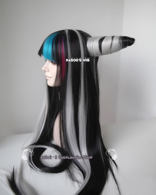 100cm / 39.5" Danganronpa Ibuki Mioda pre-styled black long muti-color cosplay wig with two horns