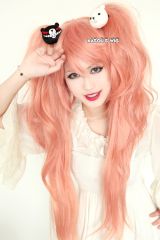 90cm / 35.5" Danganronpa Junko Enoshima long coral pink cosplay wig with 2 clip on layers fluffy ponytails. SP22