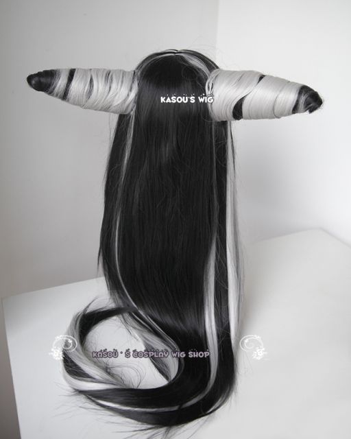 100cm / 39.5" Danganronpa Ibuki Mioda pre-styled black long muti-color cosplay wig with two horns