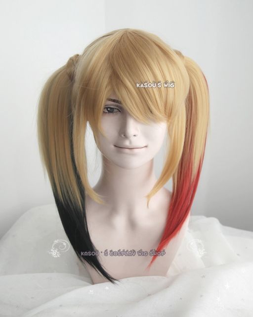 Harley Quinn blonde cosplay wig and wrap on black red ombre pigtails . lolita hair . KA012