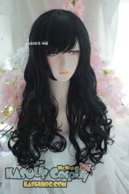 L-1 / KA032 jet black 75cm long curly wig . Hiperlon fiber