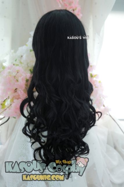 L-1 / KA032 jet black 75cm long curly wig . Hiperlon fiber