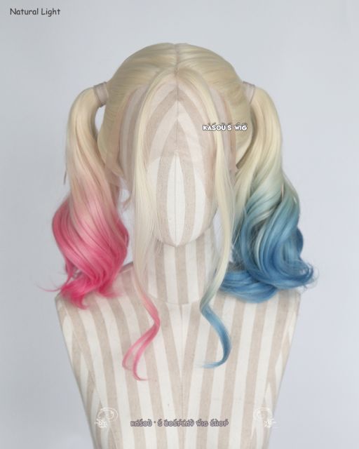 Lace Front>Suicide Squad Harley Quinn pastel pink blue two tone wig with full curly twin tails. hand dyed with fabric dyes.