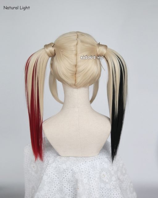 Harley Quinn light blonde cosplay wig and wrap on black red ombre pigtails . lolita hair . KA006