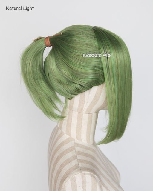 S-3 / KA061 moss green ponytail base wig with long bangs.