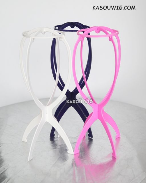plastic collapsible wig stand . black  white pink blue