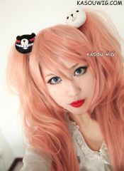 90cm / 35.5" Danganronpa Junko Enoshima long coral pink cosplay wig with 2 clip on layers fluffy ponytails. SP22
