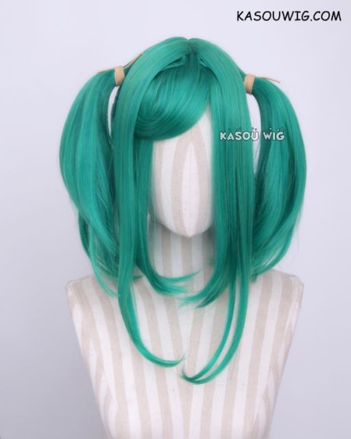 M-2 / KA062 ┇ 50CM / 19.7" emerald green pigtails base wig with long bangs.