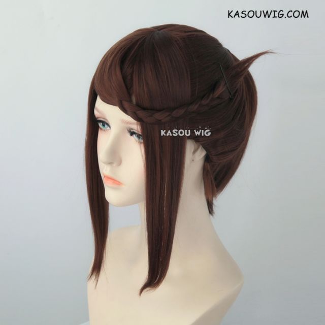 S-3 / KA027 Coffee Brown ponytail base wig with long bangs.