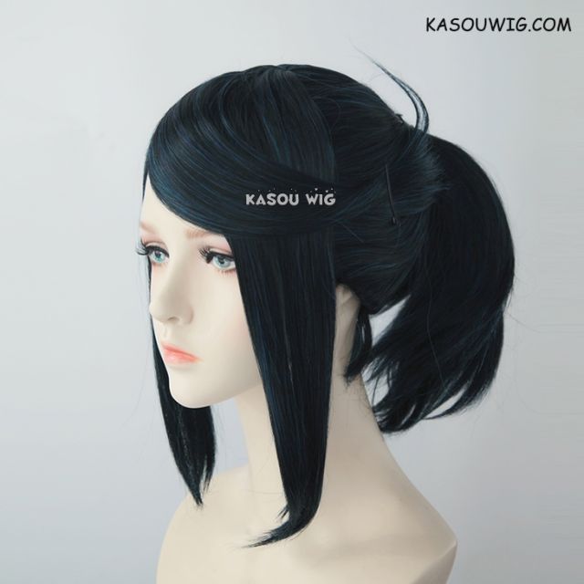 S-3 /  KA052 black blue ponytail base wig with long bangs.