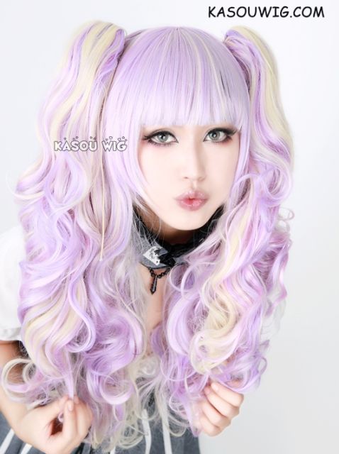 pastel purple yellow mixed multicolor Cute lolita wave wig with clips Harajuku wig