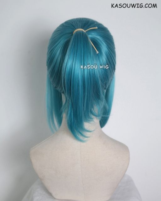 S-3 / KA059 teal blue green ponytail base wig with long bangs.