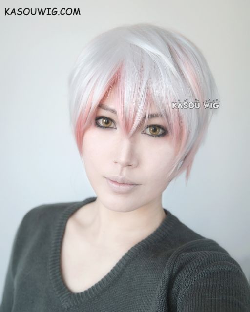 Mystic Messenger Unknown / Saeran short layered white wig with pink highlights