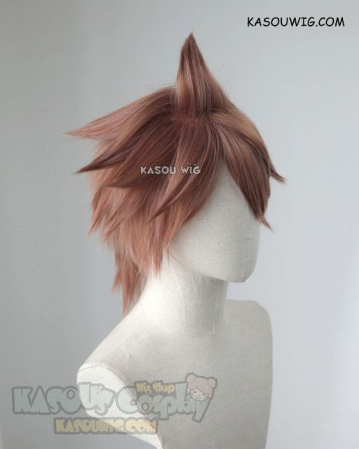 Danganronpa Naegi Makoto short pinkish brown layered wig with a spike on top