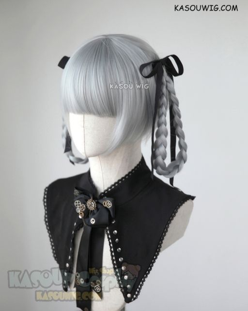 Kakegurui Momobami Kirari light gray cosplay wig pre-teid knotted braids with black ribbons
