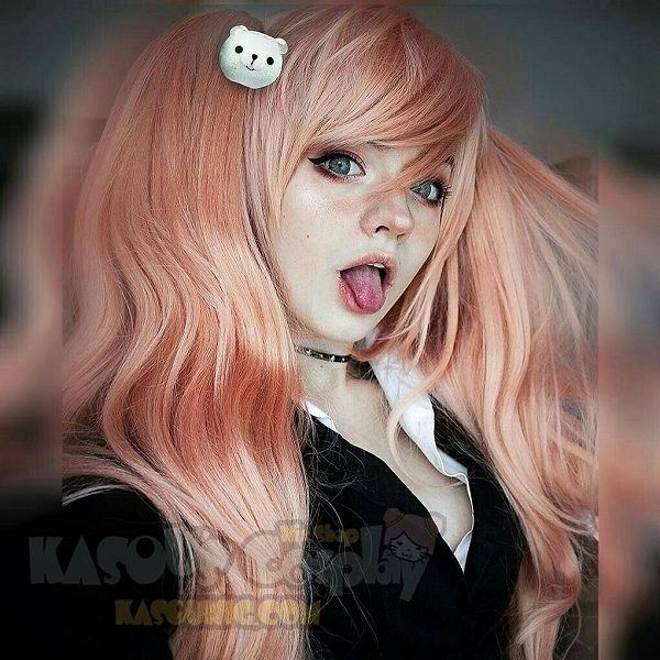 90cm / 35.5" Danganronpa Junko Enoshima long coral pink cosplay wig with 2 clip on layers fluffy ponytails. SP22