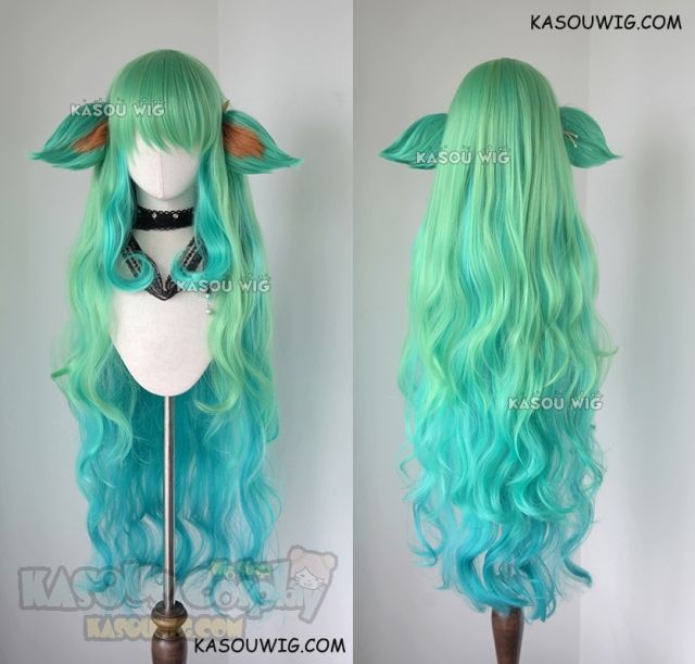 League of Legends Star Guardian Soraka 120cm long wavy green ombre wig with ears